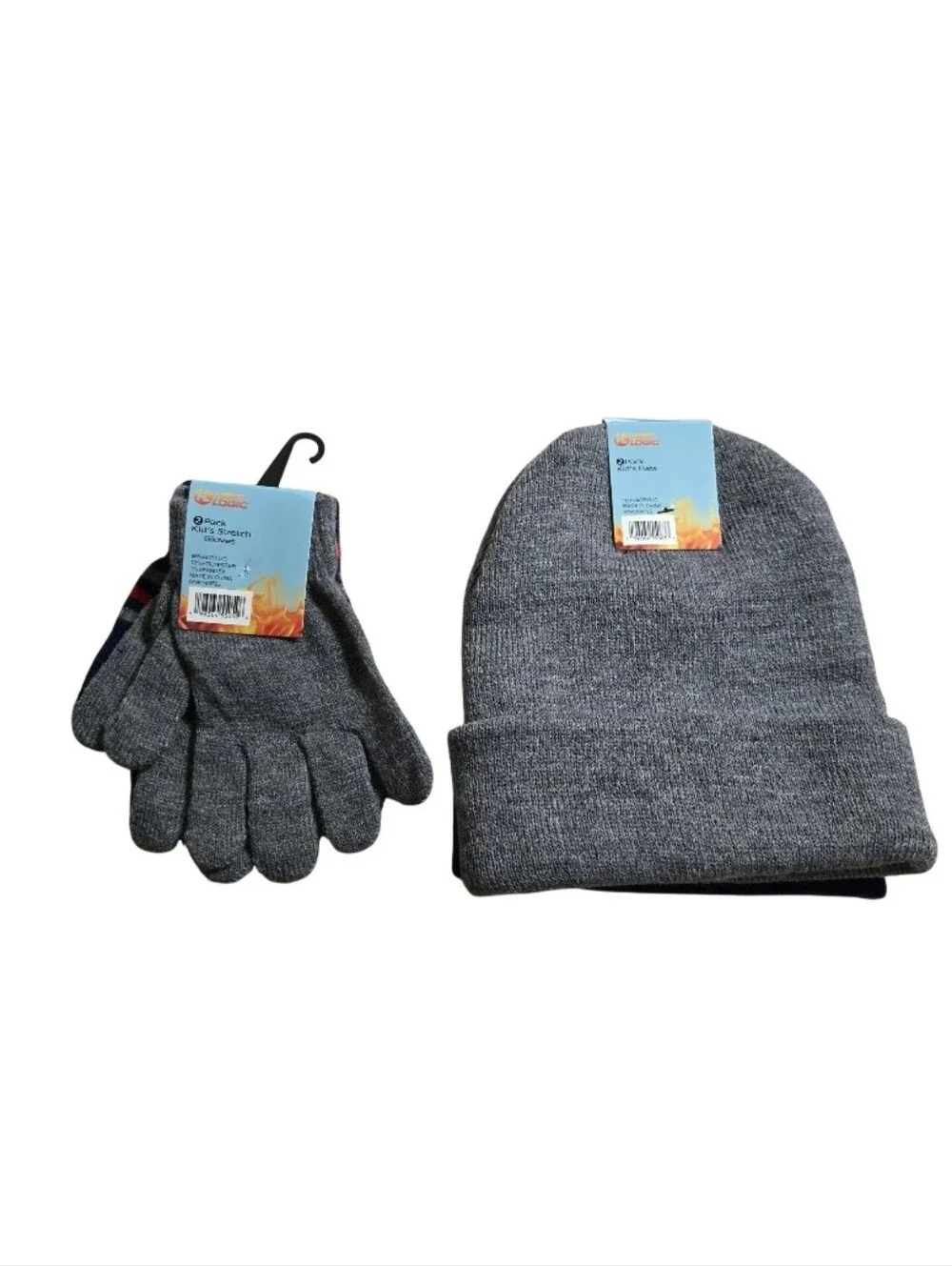 #HL02 Kids Winter Beanie and Gloves Set - Gray / Navy 2 Pairs